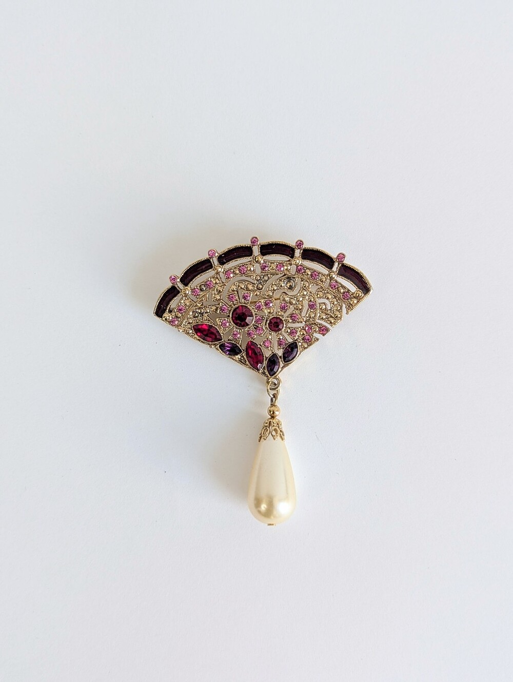 Vintage Art Deco Fan Brooch Pink Purple Rhinestones Faux Pearl Dangle Pin Gold